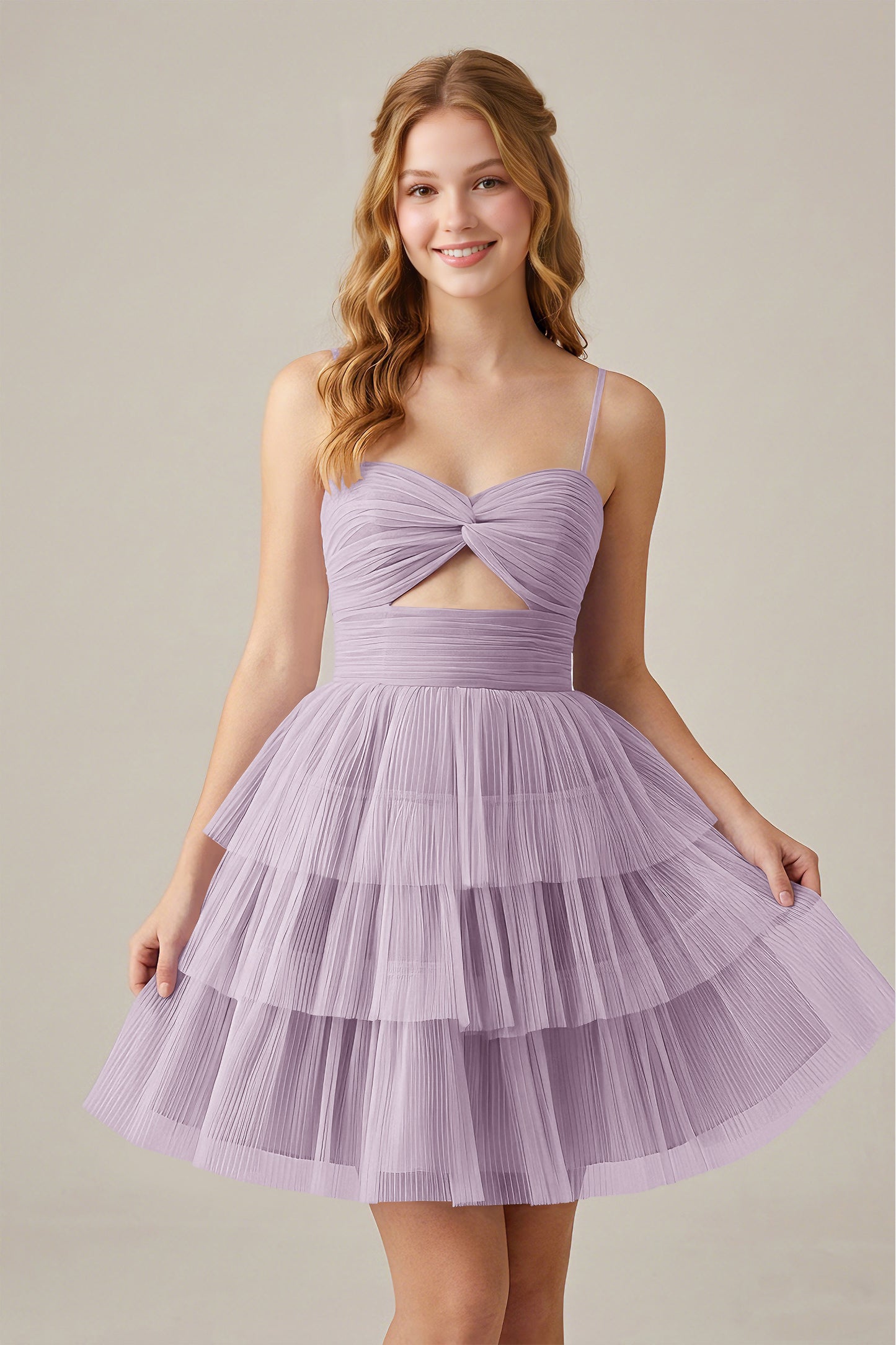 Olive Green Sleeveless Pleated Tulle Cutout Tiered Homecoming Dresses