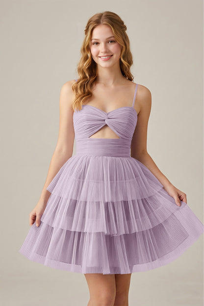 Olive Green Sleeveless Pleated Tulle Cutout Tiered Homecoming Dresses