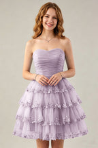 Strapless Light Blue Tulle Tiered Homecoming Dresses with Beaded Lace Trim