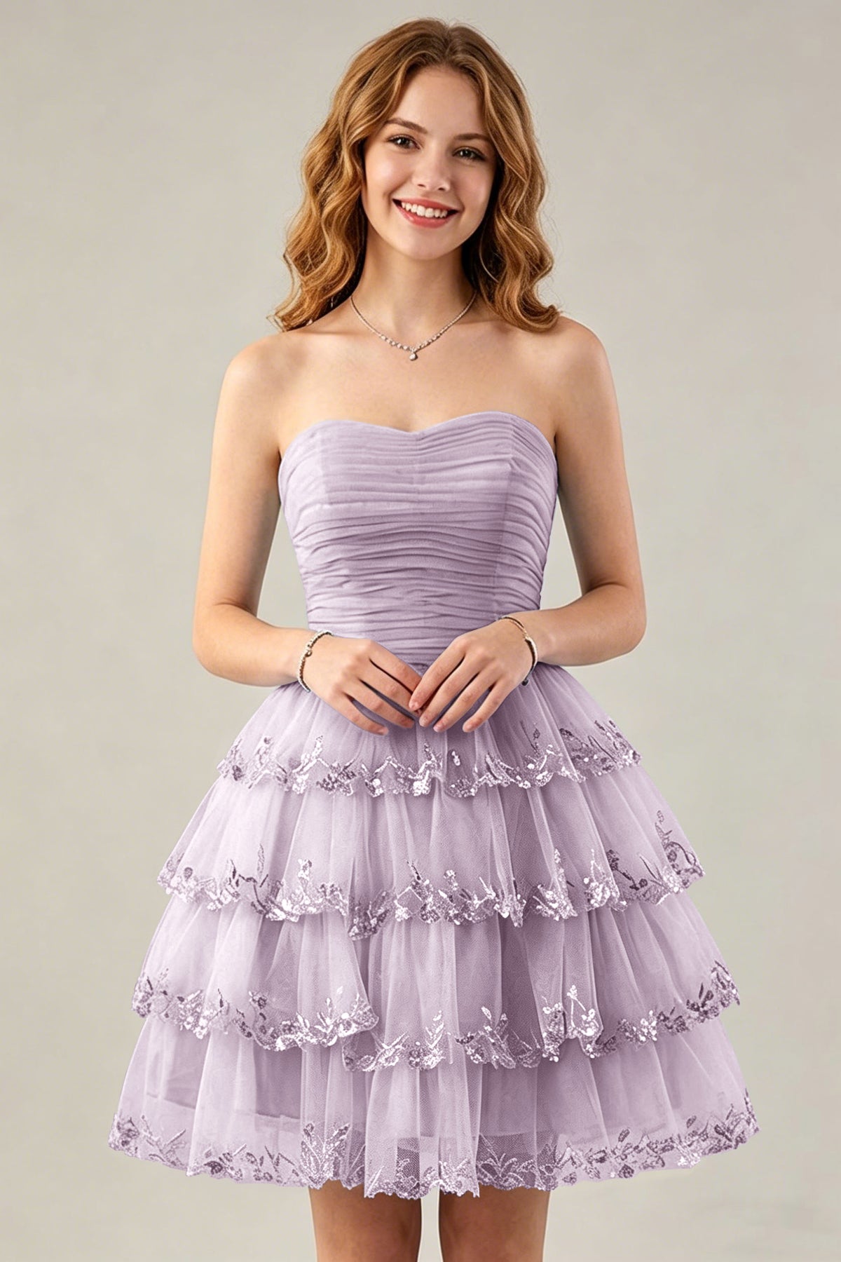 Strapless Light Blue Tulle Tiered Homecoming Dresses with Beaded Lace Trim