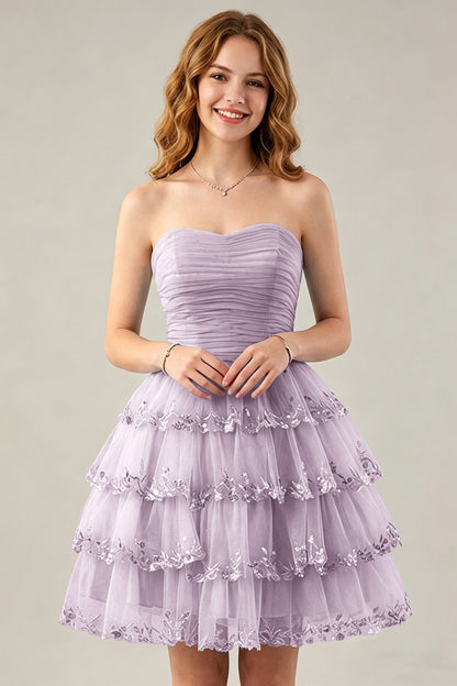 Strapless Light Blue Tulle Tiered Homecoming Dresses with Beaded Lace Trim