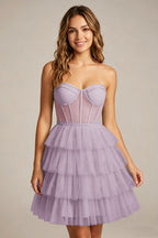 Strapless Mint Green Tulle Tiered Homecoming Dresses With Illusion Corset