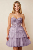 Strapless Misty Rose Lace Illusion Corset Glitter Tulle Homecoming Dresses