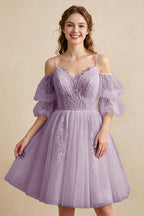 White Off the Shoulder Sweetheart V-Neck Tulle Homecoming Dresses