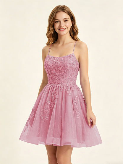 A Line Sequins Lilac Tulle Homecoming Dresses with Appliques