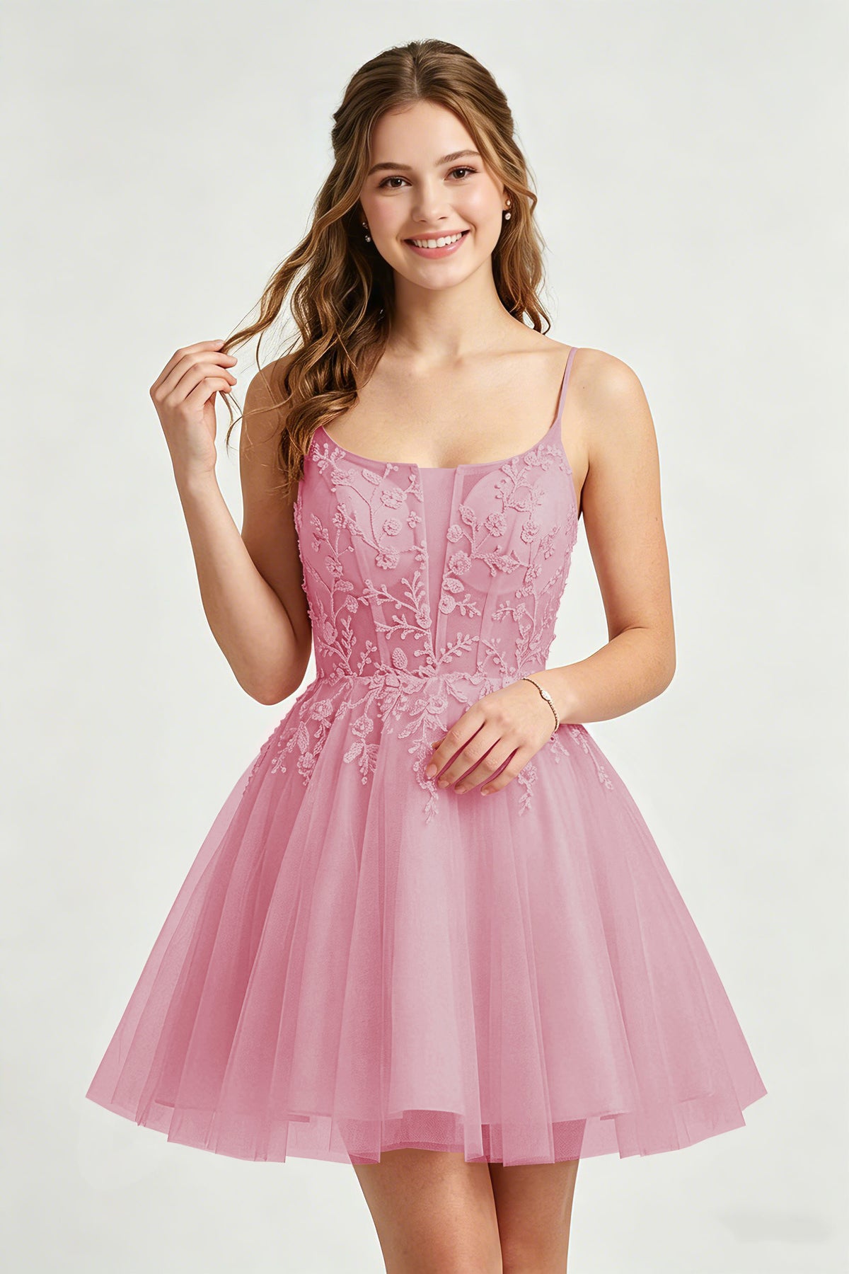 A Line Spaghetti Straps Pink Tulle Homecoming Dresses With Sequins