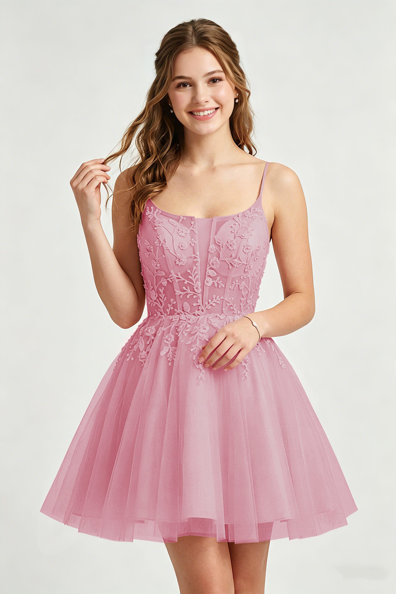 A Line Spaghetti Straps Pink Tulle Homecoming Dresses With Sequins