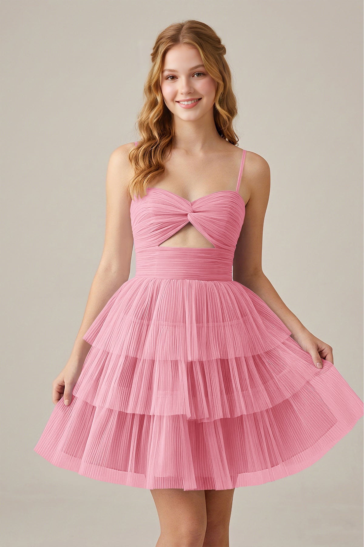 Olive Green Sleeveless Pleated Tulle Cutout Tiered Homecoming Dresses