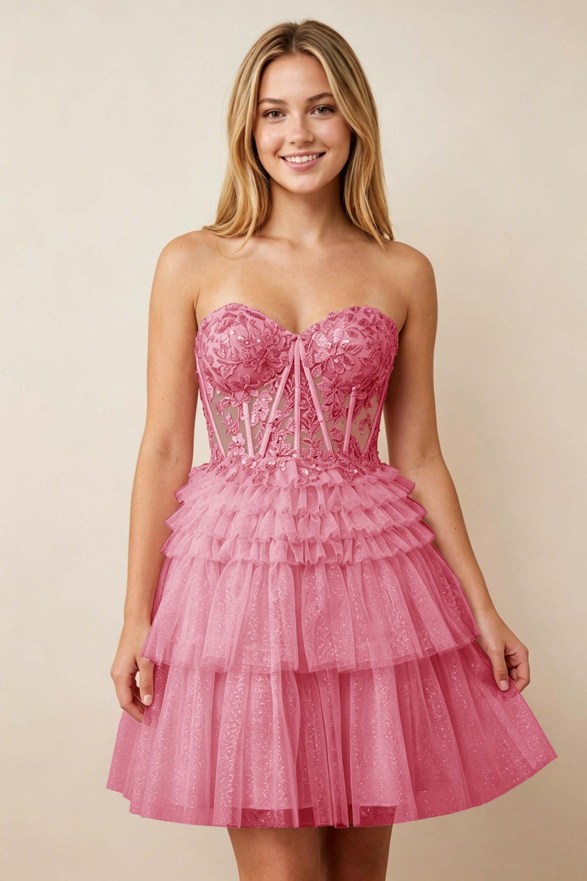 Strapless Misty Rose Lace Illusion Corset Glitter Tulle Homecoming Dresses