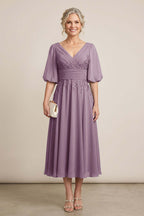 Dusty Blue V-Neck Lace Chiffon Tea-Length Mother Dresses