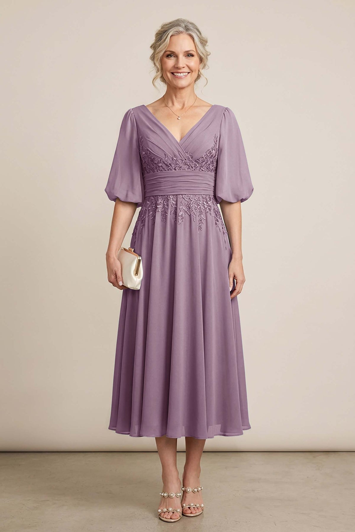 Dusty Blue V-Neck Lace Chiffon Tea-Length Mother Dresses