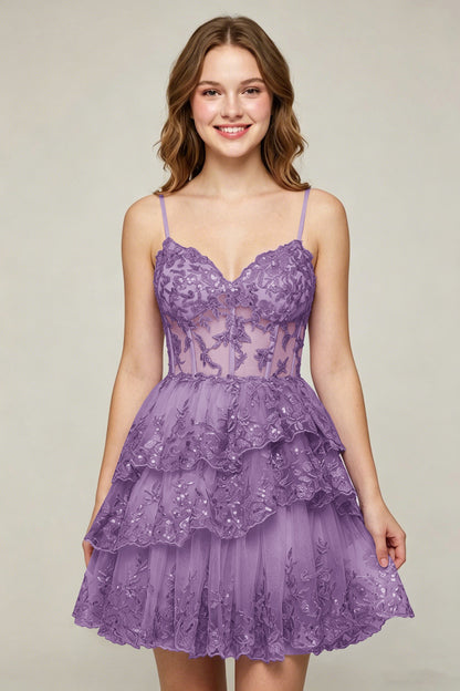 Lavender Sequin Layered Tiered Short Tulle Homecoming Dresses