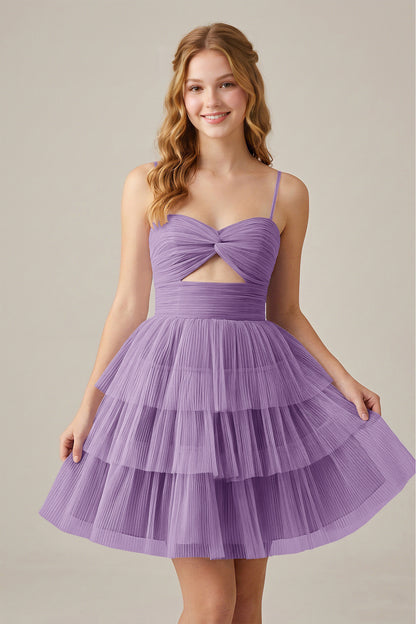 Olive Green Sleeveless Pleated Tulle Cutout Tiered Homecoming Dresses