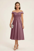 Peach Pink Off Shoulder Imitation Stretch Satin Tea-Length Mother Dresses