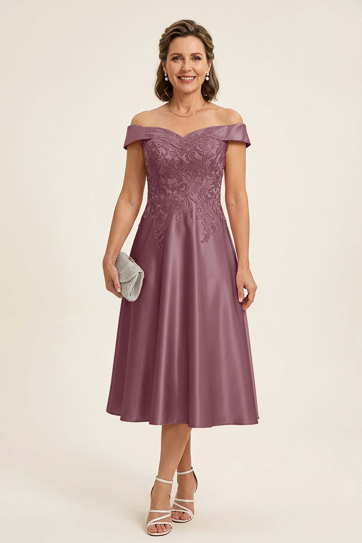 Peach Pink Off Shoulder Imitation Stretch Satin Tea-Length Mother Dresses