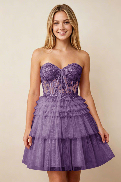 Strapless Misty Rose Lace Illusion Corset Glitter Tulle Homecoming Dresses