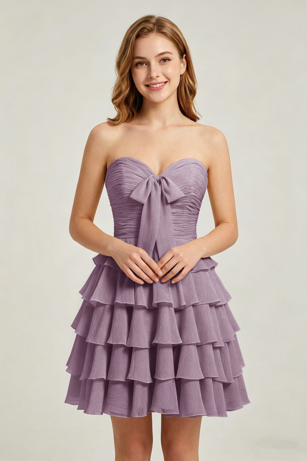Strapless Yellow Chiffon Tiered Short Homecoming Dresses with Bow
