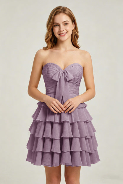 Strapless Yellow Chiffon Tiered Short Homecoming Dresses with Bow