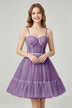 Sweetheart Neckline Brown Tulle Corset Homecoming Dresses with Pearl Accents
