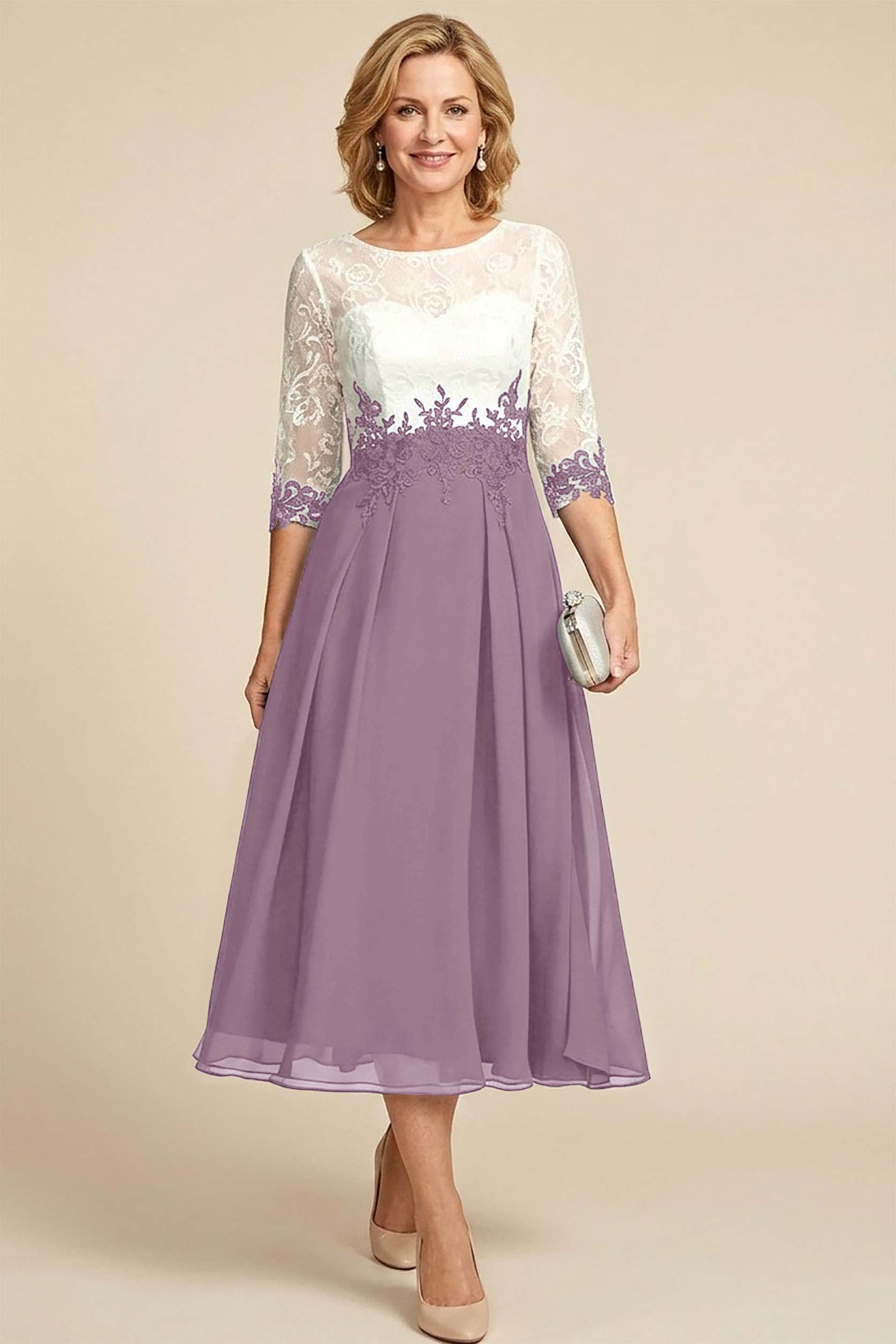 Navy Blue 3/4 Sleeve Two-Tone Lace Chiffon Mother Dresses