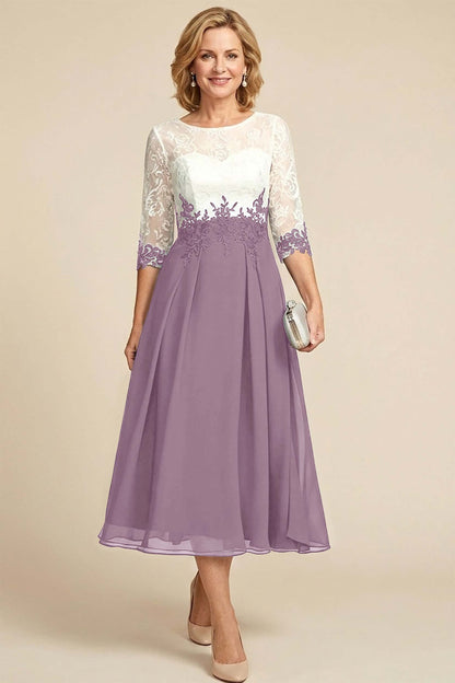 Navy Blue 3/4 Sleeve Two-Tone Lace Chiffon Mother Dresses