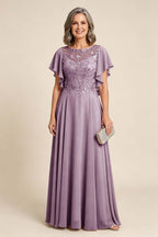 Lilac Scoop Neck Flutter Sleeve Lace Appliques Chiffon Mother Dresses