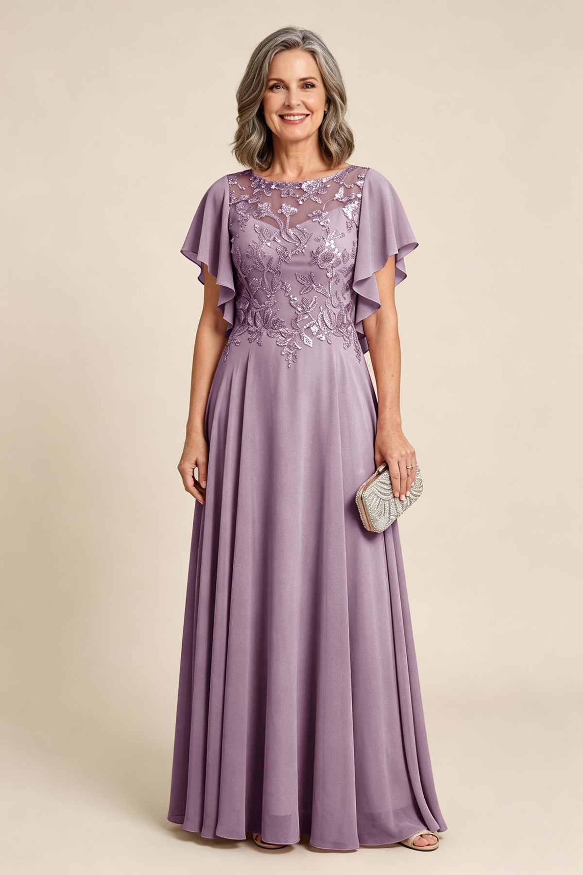 Lilac Scoop Neck Flutter Sleeve Lace Appliques Chiffon Mother Dresses