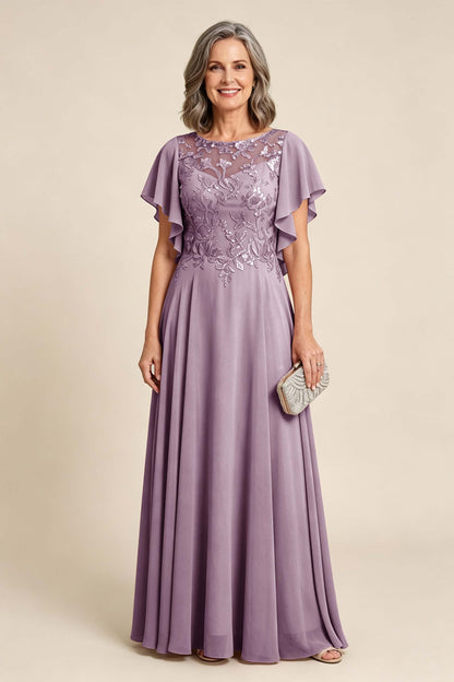 Lilac Scoop Neck Flutter Sleeve Lace Appliques Chiffon Mother Dresses