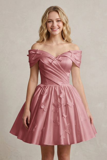 A Line Off Shoulder Ivory Satin Short Homecoming Dresses
