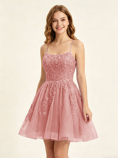 A Line Sequins Lilac Tulle Homecoming Dresses with Appliques