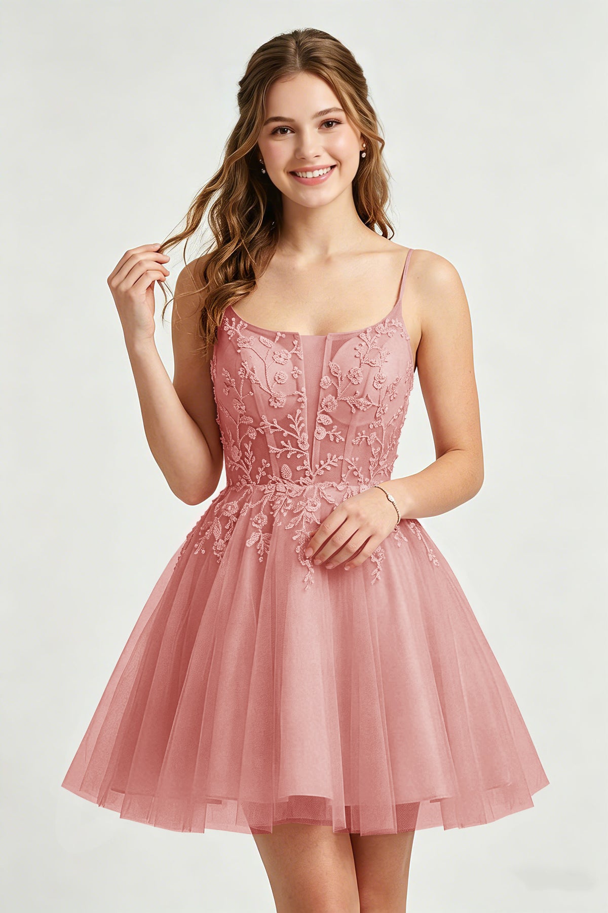 A Line Spaghetti Straps Pink Tulle Homecoming Dresses With Sequins