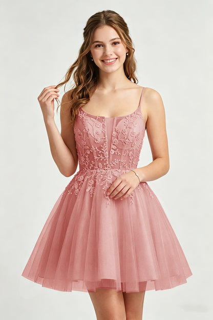 A Line Spaghetti Straps Pink Tulle Homecoming Dresses With Sequins