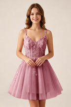 Blush Pink Sequin Corset Sleeveless Short Tulle Homecoming Dresses