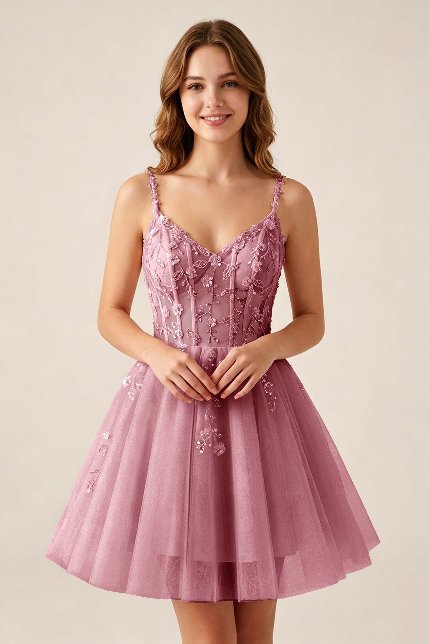 Blush Pink Sequin Corset Sleeveless Short Tulle Homecoming Dresses