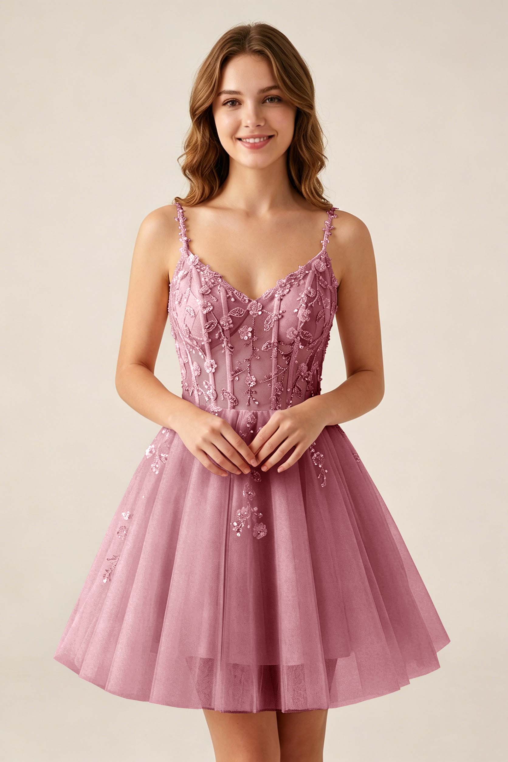 Blush Pink Sequin Corset Sleeveless Short Tulle Homecoming Dresses