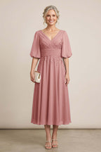 Dusty Blue V-Neck Lace Chiffon Tea-Length Mother Dresses