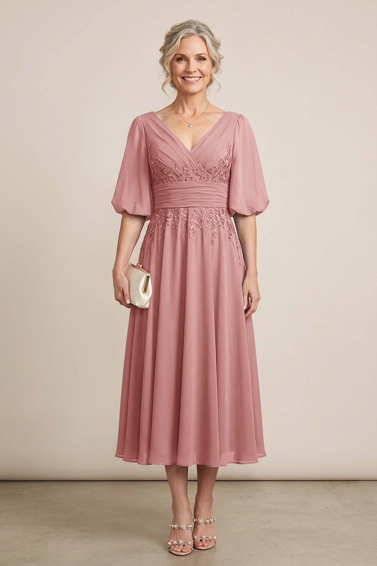 Dusty Blue V-Neck Lace Chiffon Tea-Length Mother Dresses