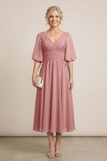 Dusty Blue V-Neck Lace Chiffon Tea-Length Mother Dresses