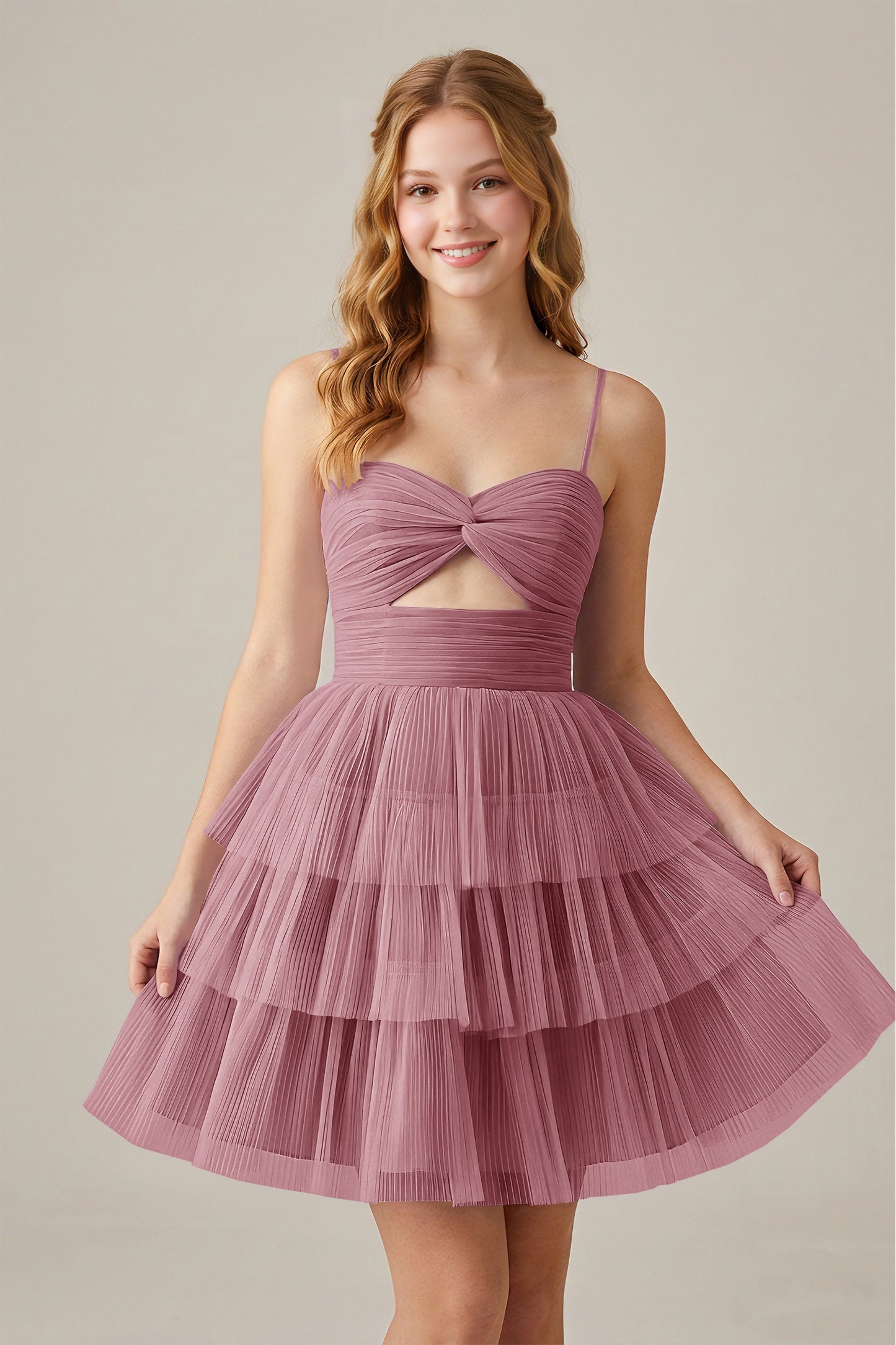 Olive Green Sleeveless Pleated Tulle Cutout Tiered Homecoming Dresses