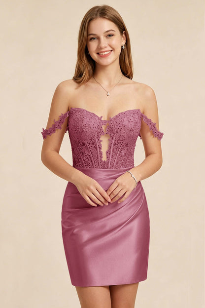 Light Pink Lace Illusion Corset Stretch Satin Mini Homecoming Dresses