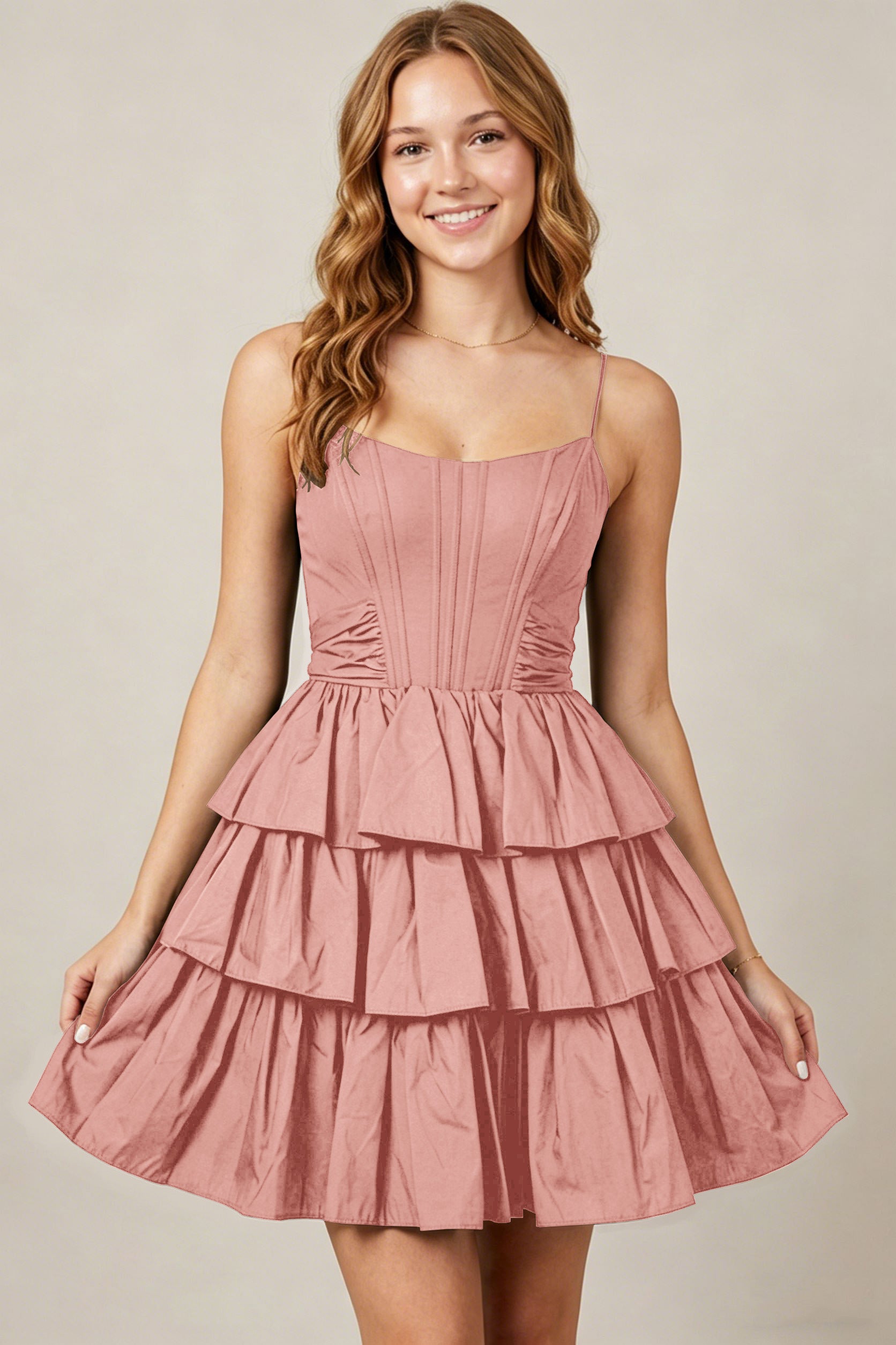 Spaghetti Straps Black Taffeta Tiered Mini Homecoming Dresses