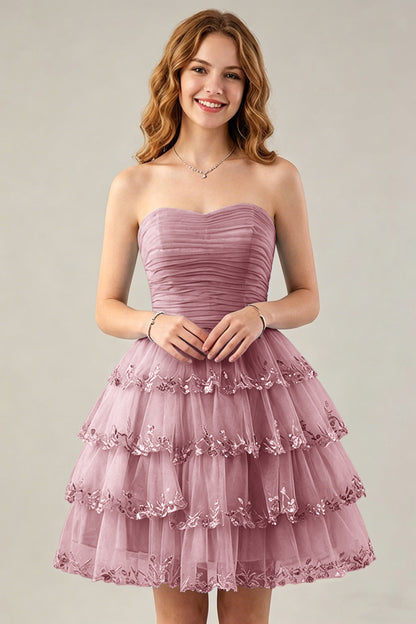 Strapless Light Blue Tulle Tiered Homecoming Dresses with Beaded Lace Trim