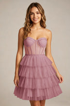 Strapless Mint Green Tulle Tiered Homecoming Dresses With Illusion Corset