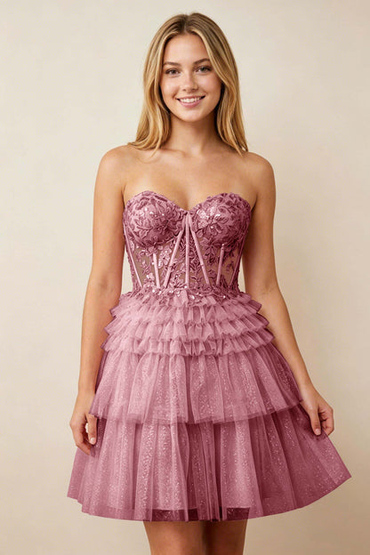 Strapless Misty Rose Lace Illusion Corset Glitter Tulle Homecoming Dresses