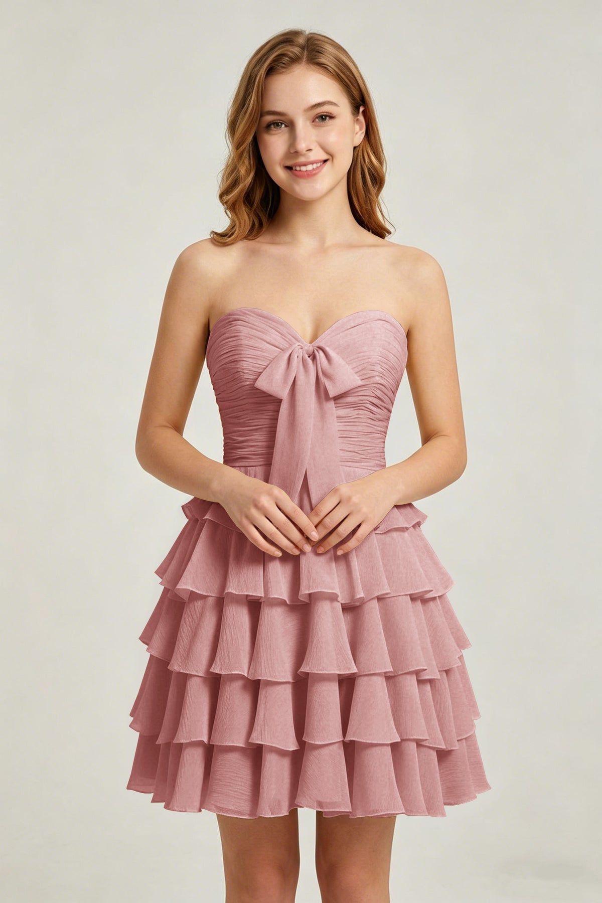 Strapless Yellow Chiffon Tiered Short Homecoming Dresses with Bow