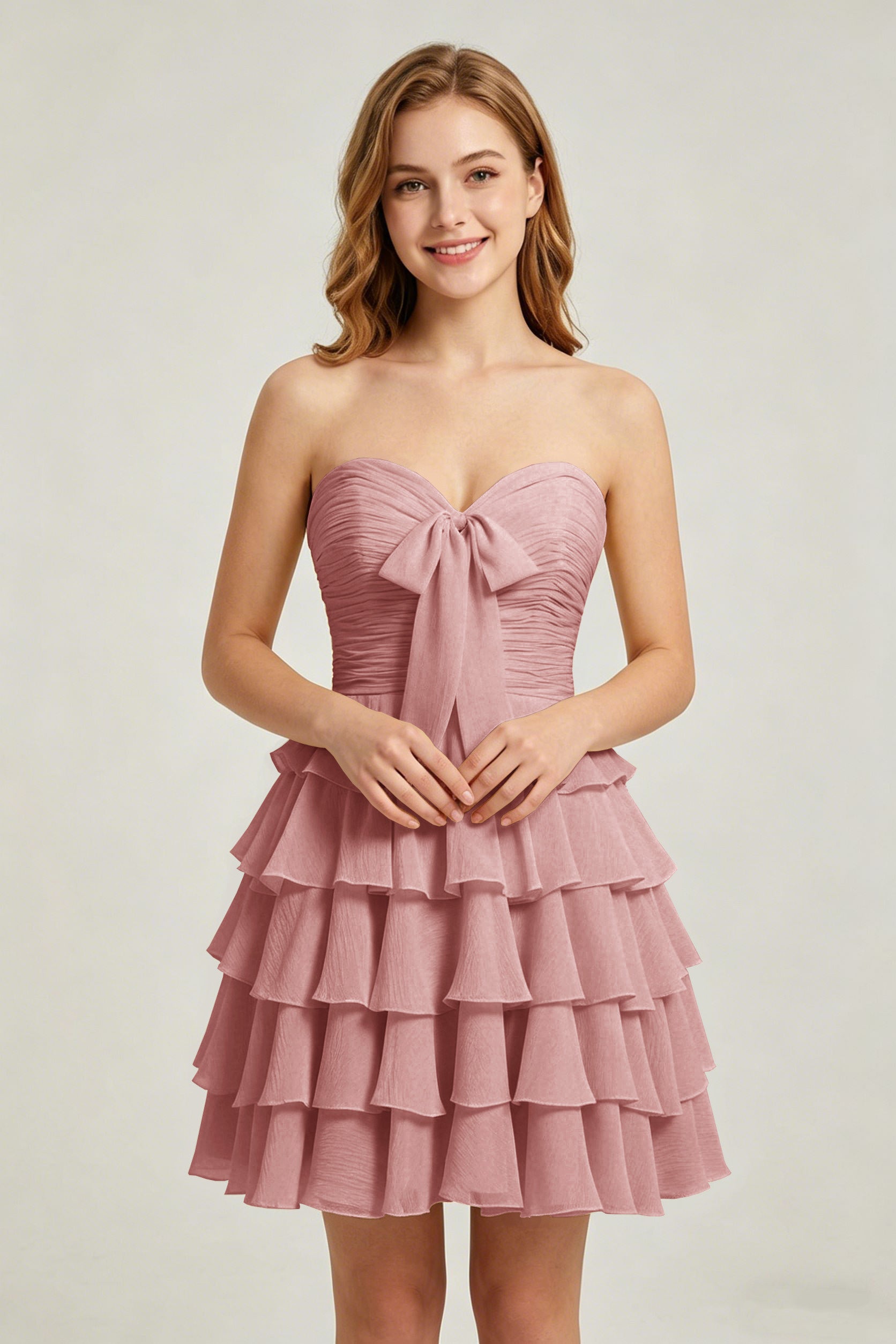 Strapless Yellow Chiffon Tiered Short Homecoming Dresses with Bow