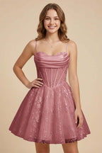 White Cowl Neck Sequin Satin Corset Homecoming Dresses