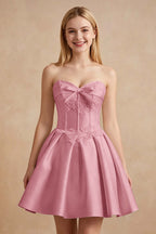 White Strapless Satin Corset Short Homecoming Dresses with Bow