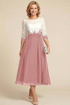 Navy Blue 3/4 Sleeve Two-Tone Lace Chiffon Mother Dresses