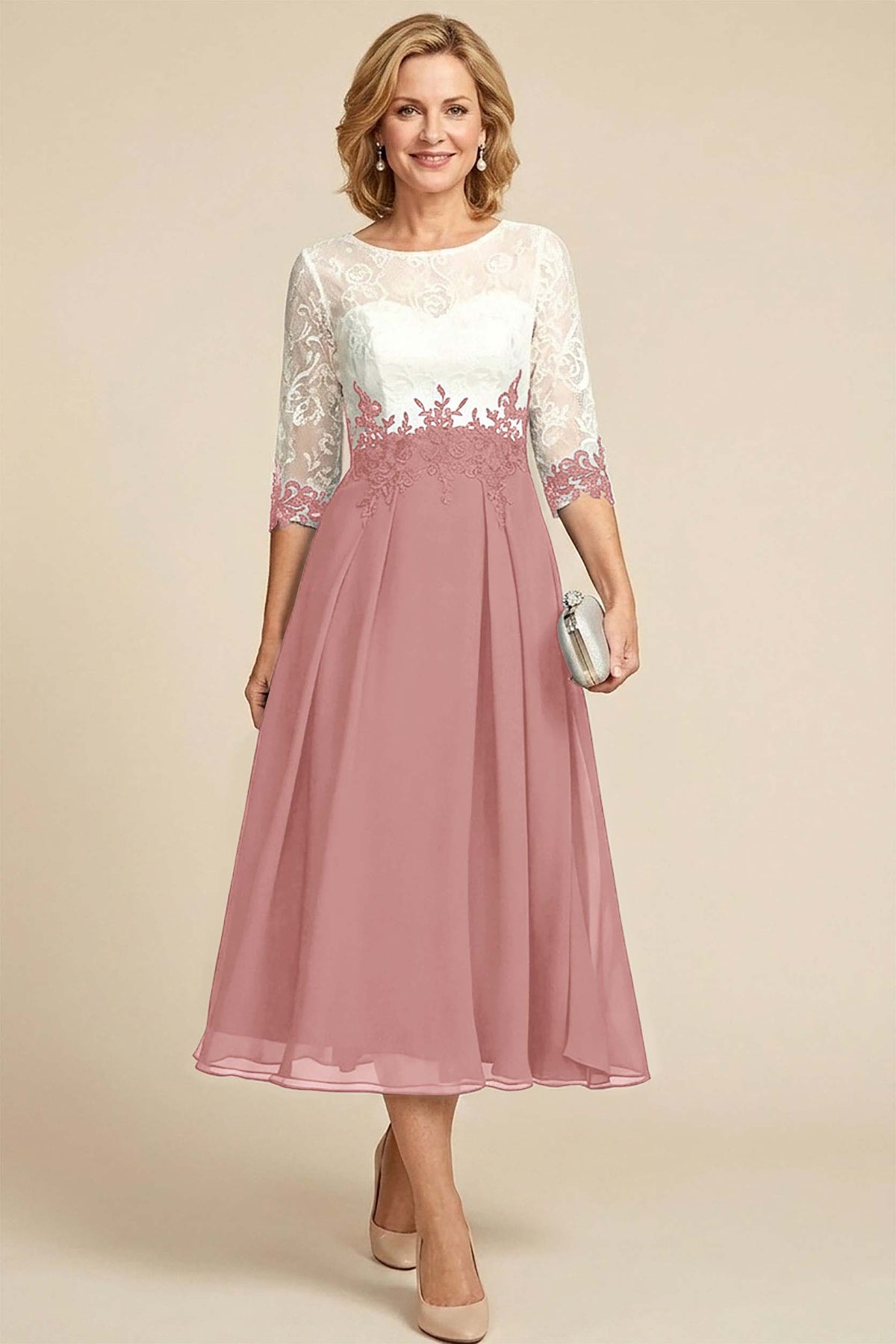 Navy Blue 3/4 Sleeve Two-Tone Lace Chiffon Mother Dresses
